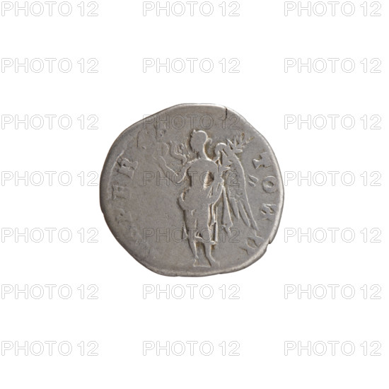 Denarius, Antoninus Pius (86–161; Roman Emperor 138–161), issuer; personifications; wreaths; iconography of Antoninus Pius; Victoria (personification); palm branches. Obverse: Head of Antoninus Pius in a laurel wreath facing right, legend ANTONINVS A G PI - VS PP TR P COS III. Reverse: Victoria standing left, holding a wreath in her right hand and a palm branch in her left, legend IMPER A - TOR II. Date: 143–144. Culture/place: Roman Empire, Rome. Object type: coin. Measurements: diameter 16.5–17.5 mm, weight 2.70 g, axis 180 degrees.