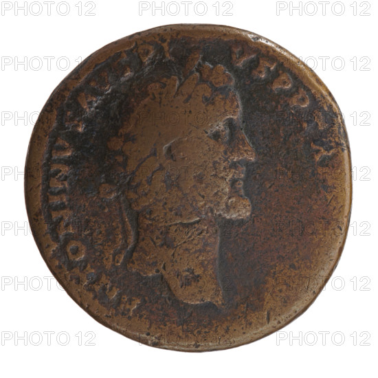 Sestertius of Antoninus Pius (86–161; Roman emperor 138–161). Obverse: head of Antoninus Pius in a laurel wreath facing right, inscribed 'ANTONINVS AVG PI - VS PP TR'. Reverse: personification of Italy seated on a globe decorated with stars facing left, holding a cornucopia in her right hand and a scepter in her left; legend 'ITALIA' in the exergue, control letters 'S - C' in the fields. Date: 140–144. Roman Empire, Rome. Coin type: bronze coin (sestertius). Diameter 31.5 mm; weight 21.70 g; axis 165°.
