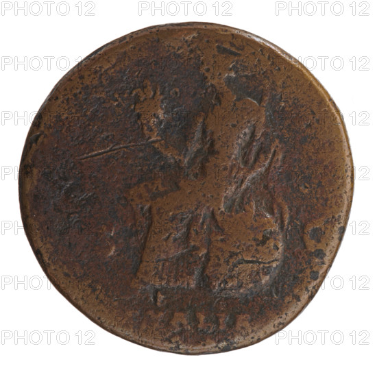 Sestertius of Antoninus Pius (86–161; Roman emperor 138–161), struck 140–144. Obverse: head of Antoninus Pius in a laurel wreath facing right, legend ANTONINVS AVG PI – VS PP TR. Reverse: Italy personified seated on a globe decorated with stars facing left, holding a cornucopia in her right hand and a scepter in her left; legend TALIA in the exergue, control marks S – C in the fields. Roman Empire (27 BC–476), Rome. Coin; diameter 31.5 mm, weight 21.70 g, axis 165°.