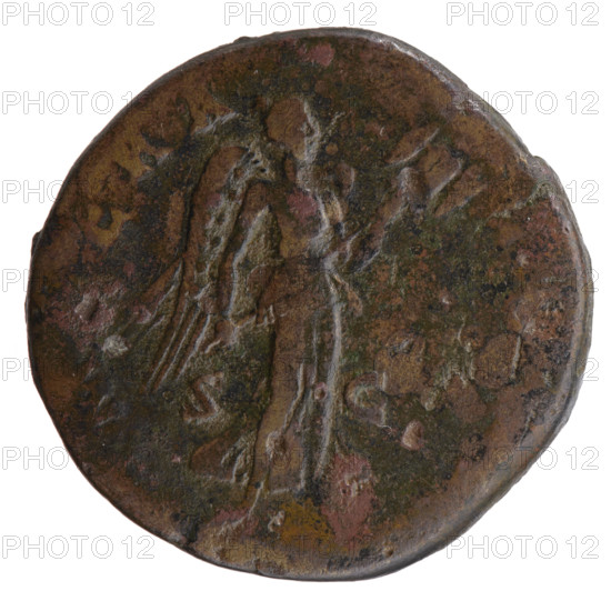 Sestertius, Antoninus Pius (86–161; Roman emperor 138–161), issuer: Antoninus Pius — iconography: personifications, Victoria, trophies. Obverse: head of the emperor in a laurel wreath to the right, inscription INVS AVG PI - VS PP TR all around. Reverse: Victoria stands to the right, holding a trophy with both hands; mintmark in fields S - C. Date: 143–144. Roman Empire, Rome. Coin; diameter 31.5 mm; weight 23.70 g; axis 0°.