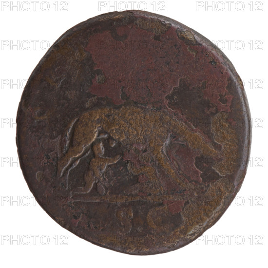 Sestertius, Antoninus Pius (86–161; Roman emperor 138–161), issuer. Obverse: Head of Antoninus Pius in a laurel wreath facing right, inscription ANTONINVS · AVG. Reverse: She-wolf suckling Romulus and Remus standing to the right, inscription TR P, I all around, in the SC. Iconography: animals; Romulus and Remus (mythology); head of the emperor in a laurel wreath. Date/episode: 140–144. Period/place: Roman Empire (27 BC–476), Rome. Object: coin; diameter 32.5 mm; weight 29.50 g; axis 0 degrees.