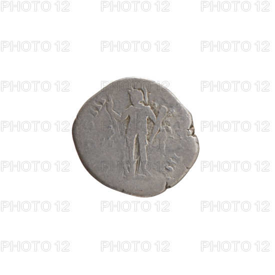 Denarius of Antoninus Pius (86–161; Roman emperor 138–161). Obverse: head of Antoninus Pius in a laurel wreath facing right, legend 'ANTONIN- AVG PIVS PP'. Reverse: Virtus standing left; in her outstretched right hand she holds a spear with the tip down, in her left hand a dagger (parazonium); inscriptions 'OS III -, IIII'. Iconography: personifications, parazonium, spears. Roman Empire, Rome, 144. Coin: silver, diameter 16.5–18.5 mm, weight 2.85 g, axis 180 degrees.