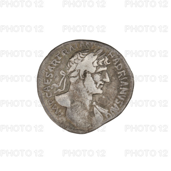 Denarius of Hadrian (76–138; Roman emperor 117–138). Obverse: bust of Hadrian with laurel wreath facing right; rim inscription 'IMP CAESAR TRAIAN HADRIANVS AVG'. Reverse: Pietas (personification) standing right, wearing a long dress, both arms raised; rim inscription 'PM TR P COS III'; on both sides of the figure inscription 'VOT PVB'. Date: 119–122. Rome, Roman Empire (27 BC–476). Coin; weight 3.10 g.