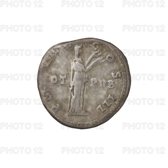 Denarius of Hadrian (76–138; Roman emperor 117–138). Obverse: Bust of Hadrian with laurel wreath facing right; rim inscription IMPCAESARTRAIANHADRIANVSAVG. Reverse: Pietas (personification) standing right, wearing a long dress, both arms raised; rim inscription PMTRPCOSIII; on both sides of the figure inscription VOTPVB. Date: 119–122. Place: Rome, Roman Empire (27 BC–476). Medium: coin. Weight: 3.10 g.