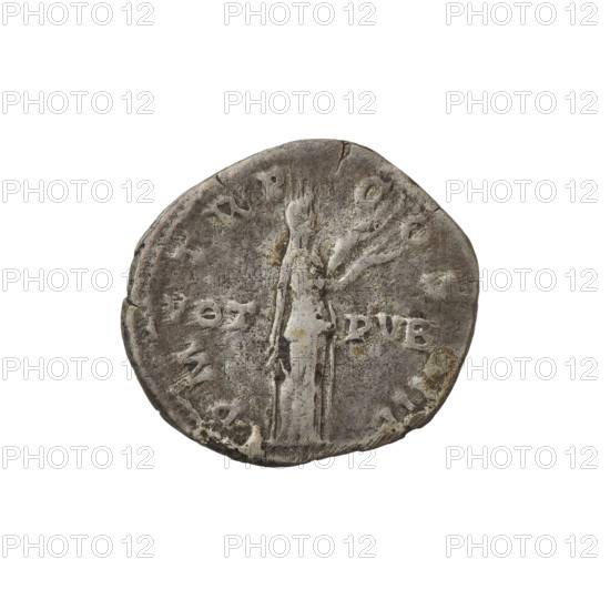 Denarius, Hadrian (76–138; Roman emperor 117–138). Obverse: bust of Hadrian with laurel wreath facing right; rim inscription IMPCAESARTRAIANHADRIANVSAVG. Reverse: Pietas standing right, wearing a long dress, both arms raised; rim inscription PM TR P COS III; on both sides of the figure inscription VOT PVB. Date: 119–122. Rome, Roman Empire (27 BC–476). Coin; weight 3.11 g.
