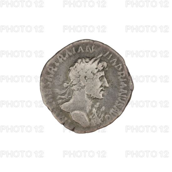 Denarius of Hadrian (76–138 CE; Roman emperor 117–138). Obverse: bust of Hadrian with laurel wreath facing right; rim inscription IMPCAESARTRAIANHADRIANVSAVG. Reverse: Pietas (personification) standing right, wearing a long dress, both arms raised; rim inscription PMTRPCOSIII; on both sides of the figure inscription VOTPVB. Date: 119–122 CE, Rome, Roman Empire. Coin; weight 3.19 g.