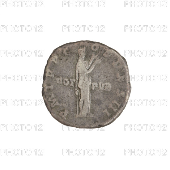 Denarius of Hadrian (76–138; Roman emperor 117–138). Obverse: bust of Hadrian with laurel wreath facing right; rim inscription IMPCAESARTRAIANHADRIANVSAVG. Reverse: Pietas (personification) standing right, wearing a long dress, both arms raised; rim inscription PM TR P COS III; on both sides of the figure inscription VOT PVB. Date attributed 119–122. Rome, Roman Empire (27 BC–476). Silver coin, weight 3.19 g.
