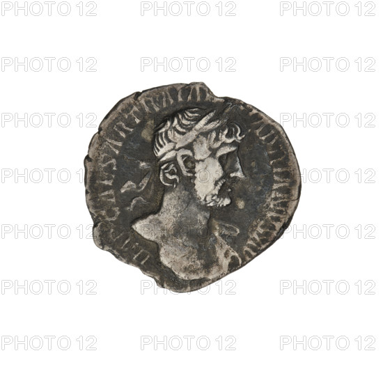 Denarius, Hadrian (76–138; Roman emperor 117–138). Obverse: bust of Hadrian with laurel wreath facing right; rim inscription: IMPCAESARTRAIANHADRIANVSAVG. Reverse: Pietas (personification) standing right, wearing a long dress, both arms raised; rim inscription: PM TR P COS III; on both sides of the figure inscription: VOT PVB. Date: 119–122. Place: Rome, Roman Empire (27 BC–476). Medium: coin. Weight: 2.70 g.