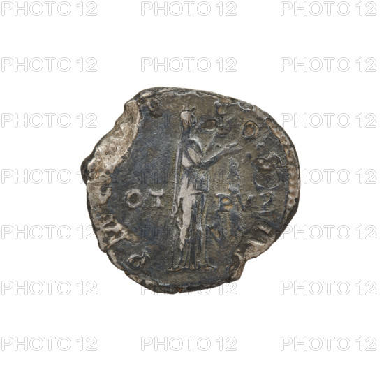 Denarius of Hadrian (76–138; Roman emperor 117–138). Obverse: bust of Hadrian with laurel wreath facing right; rim inscription IMPCAESARTRAIANHADRIANVSAVG. Reverse: Pietas standing right, wearing a long dress, both arms raised; rim inscription PM TR P COS III; on both sides of the figure inscription VOT PVB. Date: 119–122. Rome, Roman Empire (27 BC–476). Coin; weight 2.70 g.