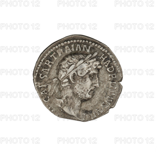Denarius, Hadrian (76–138; Roman emperor 117–138). Obverse: Bust of Hadrian with laurel wreath facing right; rim inscription IMPCAESARTRAIANHADRIANVSAVG. Reverse: Providentia standing left, wearing a long dress, pointing with her right hand at a globe in front of her, holding a scepter; rim inscription PM TR P COS III; on both sides of the figure inscription PRO AVG. Date: 119–122. Rome, Roman Empire (27 BC–476). Coin; weight 3.04 g.