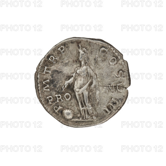 Denarius, Hadrian (76–138; Roman emperor 117–138). Obverse: Bust of Hadrian with laurel wreath facing right; rim inscription IMP CAESAR TRAIAN HADRIANVS AVG. Reverse: Providentia standing left, wearing a long dress, pointing with her right hand at a globe in front of her, holding a scepter; rim inscription PM TR P COS III; on both sides of the figure inscription PRO AVG. Date: 119–122. Rome, Roman Empire (27 BC–476). Coin; weight 3.04 g.