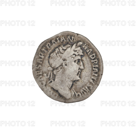 Denarius, Hadrian (76–138; Roman emperor 117–138). Obverse: Bust of Hadrian with laurel wreath facing right; rim inscription: IMPCAESARTRAIANHADRIANVSAVG. Reverse: Providentia standing left, wearing a long dress, pointing with her right hand at a globe in front of her, holding a scepter in her right hand; rim inscription: P COS III; on both sides of the figure inscription: PRO AVG. Date: 119–122. Rome, Roman Empire (27 BC–476). Coin; weight 2.95 g.