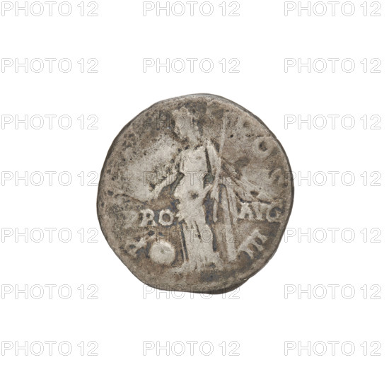 Denarius of Hadrian (reign 117–138). Obverse: bust of Hadrian with laurel wreath facing right; rim inscription IMPCAESARTRAIANHADRIANVSAV G. Reverse: Providentia standing left, wearing a long dress, pointing with her right hand at a globe in front of her, holding a scepter; rim inscription P COS III; on both sides of the figure inscription PRO AVG. Dated 119–122, struck in Rome, Roman Empire (27 BC–476). Coin, weight 2.95 g.