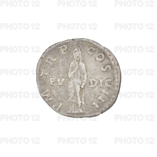 Denarius, Hadrian (76–138; Roman emperor 117–138). Obverse: Bust of Hadrian with laurel wreath facing right; rim inscription IMP CAESAR TRAIAN HADRIANVS AVG. Reverse: Pudicitia (personification) stands upright in a long robe, right hand at chest, left hand along the body; rim inscription PM TR P COS III; on both sides of the figure inscription PV DIC. Date: 119–122. Place: Rome, Roman Empire (27 BC–476). Coin; weight 2.65 g.