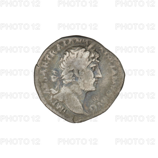 Denarius, Hadrian (76–138; Roman emperor 117–138). Obverse: Bust of Hadrian with laurel wreath facing right; rim inscription IMPCAESARTRAIAN. Reverse: Pax seated left on a chair, wearing a long dress, holding a figure of Victoria in her right outstretched hand and a branch in her left; rim inscription PM TR P, S III. 119–122 CE, Rome, Roman Empire (27 BC–476). Coin; weight 2.85 g.