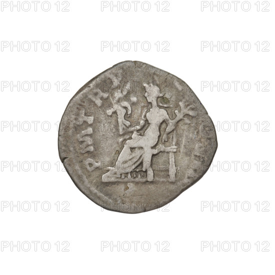 Denarius of Hadrian (76–138; Roman emperor 117–138). Obverse: Bust of Hadrian with laurel wreath facing right; rim inscription 'IMPCAESARTRAIAN'. Reverse: Pax seated left on a chair, wearing a long dress, holding a figure of Victoria in her right outstretched hand and a branch in her left; rim inscription 'PM TR P, S III'. Date: 119–122 CE, Rome, Roman Empire. Coin; weight 2.85 g.