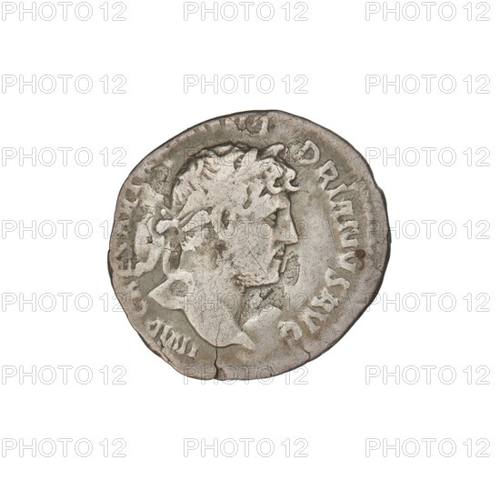 Denarius, Hadrian (76–138; Roman emperor 117–138). Obverse: Bust of Hadrian with laurel wreath facing right; rim inscription: IMPCAESARTRAIANHADRIANVSAVG. Reverse: Pax seated left on a chair, wearing a long dress, holding a figure of Victoria in her right outstretched hand and a branch in her left; rim inscription: PM TR P COS III. Date: 119–122, Rome, Roman Empire (27 BC–476). Coin; weight 2.80 g.