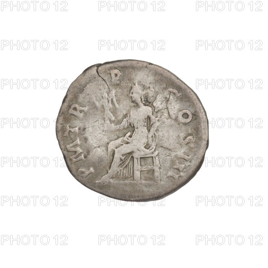 Denarius, Hadrian (76–138; Roman emperor 117–138). Obverse: Bust of Hadrian with laurel wreath facing right; rim inscription IMPCAESARTRAIANHADRIANVSAVG. Reverse: Pax seated left on a chair, wearing a long dress, holding a small Victory (Victoria) in her right outstretched hand and a branch in her left; rim inscription PM TR P COS III. Date: 119–122. Rome, Roman Empire (27 BC–476). Coin; weight 2.80 g.