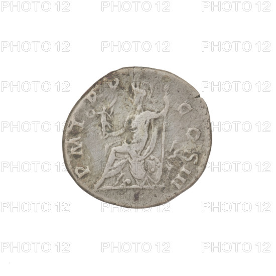 Denarius, Hadrian (76–138; Roman emperor 117–138). Obverse: Bust of Hadrian with laurel wreath facing right; rim inscription: IMPCAESARTRAIANHADRIANVSAVG. Reverse: Roma seated left on a chair, wearing a long dress and helmet, holding a figure of Victoria in her outstretched right hand and a vertically placed spear in her left; rim inscription: PM TR P COS III. Date: 119–122. Place: Rome, Roman Empire (27 BC–476). Medium: coin. Weight: 3.38 g.