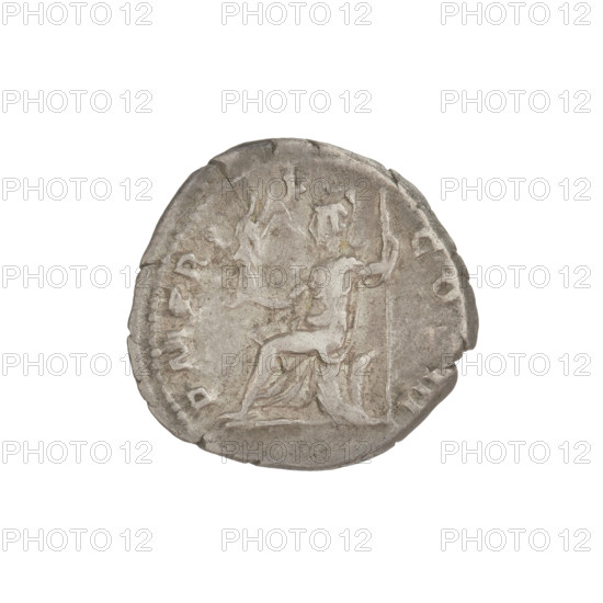 Denarius, Hadrian (76–138; Roman emperor 117–138). Obverse: Bust of Hadrian with laurel wreath facing right; rim inscription: IMPCAESARTRAIANHADRIANVSAVG. Reverse: Roma seated left on a chair, wearing a long dress and helmet, holding a figure of Victoria in her outstretched right hand and a vertically placed spear in her left; rim inscription: PM TR P COS III. Bronze/ silver coin, 119–122 CE, Rome; weight 3.10 g.
