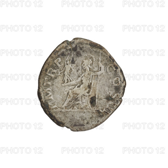 Denarius, Hadrian (76–138; Roman emperor 117–138). Obverse: Bust of Hadrian with laurel wreath facing right; rim inscription: IMPCAESARTRAIANHADRIANVSAVG. Reverse: Roma seated left on a chair, wearing a long dress and helmet, holding a figure of Victoria in her outstretched right hand, and a spear placed vertically in her left; rim inscription: PM TR P COS III. Date: 119–122. Place: Rome, Roman Empire (27 BC–476). Coin; weight 3.28 g.