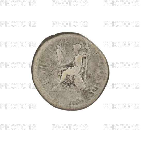 Denarius, Hadrian (76–138; Roman emperor 117–138). Obverse: Bust of Hadrian with laurel wreath facing right; rim inscription IMPCAESARTRAIANHADRIANVSAVG. Reverse: Roma seated left on a chair, wearing a long dress and helmet, holding a figure of Victoria in her outstretched right hand and a vertically placed spear in her left; rim inscription PM TR P COS III. Date: 119–122. Place: Rome, Roman Empire (27 BC–476). Medium: coin. Weight: 3.90 g.