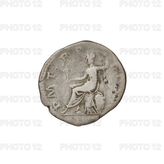 Denarius, Hadrian (76–138; Roman emperor 117–138). Obverse: Bust of Hadrian with laurel wreath facing right; rim inscription: IMPCAESARTRAIANHADRIANVSAVG. Reverse: Roma seated left on a chair, wearing a long robe and helmet; in her outstretched right hand she holds a figure of Victoria, in her left hand a vertical spear, with a shield behind her; rim inscription: PM TR P. Date: 119–122. Rome, Roman Empire (27 BC–476). Coin, weight 2.93 g.