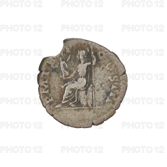 Denarius, Hadrian (76–138; Roman emperor 117–138). Obverse: Bust of Hadrian with laurel wreath facing right; rim inscription 'IMP CAESAR TRAIAN HADRIANVS AVG'. Reverse: Roma seated left on a chair, wearing a long robe and helmet; in her outstretched right hand she holds a figure of Victoria, in her left hand a vertical spear, with a shield behind her; rim inscription 'PM TR P COS III'. Date 119–122 CE. Rome, Roman Empire. Coin; weight 2.68 g.