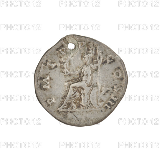 Denarius, Hadrian (76–138; Roman emperor 117–138). Obverse: Bust of Hadrian with laurel wreath facing right; rim inscription IMP CAESAR TRAIAN HADRIAN. Reverse: Roma seated left on a chair, wearing a long dress and helmet, holding a figure of Victoria in her outstretched right hand, a vertical spear in her left, a shield behind her; rim inscription PM TR P COS III. Coin pierced through to make a pendant. Date: 119–122. Rome, Roman Empire (27 BC–476). Silver coin; weight 2.95 g.