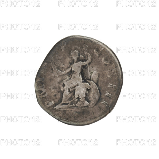 denarius, Hadrian (76–138; Roman emperor 117–138); Obv.: Bust of Hadrian with laurel wreath facing right; rim inscription: IMPCAESARTRAIANHADRIANVSAVG. Rev.: Roma seated left on a chair, wearing a long robe and helmet, holding a figure of Victoria in her outstretched right hand, a vertical spear in her left hand, a shield behind her; rim inscription: PM TR P COS III. Date: 119–122. Rome, Roman Empire (27 BC–476). Coin; weight 3.22 g.