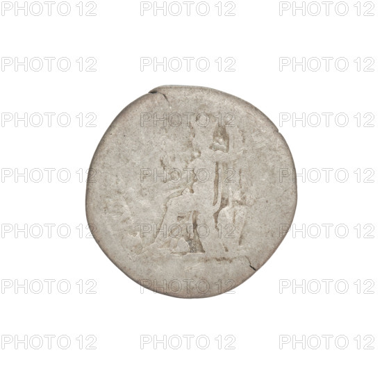 Denarius, Hadrian (76–138; Roman emperor 117–138). Obverse: Bust of Hadrian with laurel wreath facing right; rim inscription illegible. Reverse: Roma seated left on a chair, wearing a long robe and helmet, holding a figure of Victoria in her outstretched right hand, a vertical spear in her left hand, shield behind her; rim inscription: PM. Date: 119–122. Rome, Roman Empire (27 BC–476). Coin; weight 2.88 g.