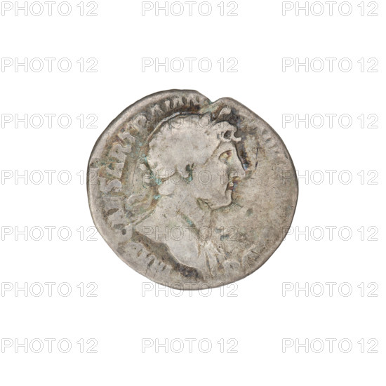 Denarius, Hadrian (76–138; Roman emperor 117–138). Obverse: Bust of Hadrian with laurel wreath facing right; rim inscription IMPCAESARTRAIAN. Reverse: Roma seated left on a chair, wearing a long robe and helmet, holding a figure of Victoria in her outstretched right hand, a vertical spear in her left hand, a shield behind her; rim inscription PM TR P COS III. Date: 119–122. Rome, Roman Empire (27 BC–476). Coin; weight 3.20 g.