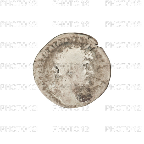 Denarius, Hadrian (76–138; Roman emperor 117–138). Obverse: Bust of Hadrian with laurel wreath facing right; rim inscription: TRAIAN. Reverse: Roma seated left on a chair, wearing a long robe and helmet, holding a figure of Victoria in her outstretched right hand, a vertical spear in her left, with a shield behind her; rim inscription illegible. Date: 119–122. Rome, Roman Empire (27 BC–476). Coin, weight 2.55 g.