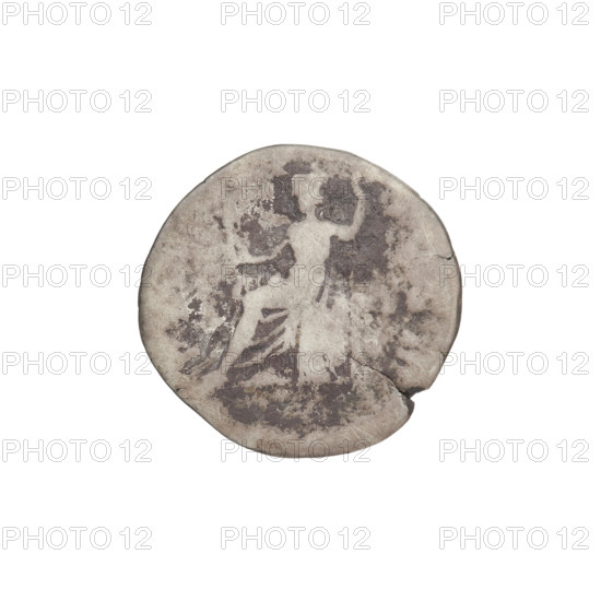 denarius, Hadrian (76–138; Roman emperor 117–138); Obv.: Bust of Hadrian with laurel wreath facing right; rim inscription: TRAIAN; Rev.: Roma seated left on a chair, wearing a long robe and helmet, holding a figure of Victoria in her outstretched right hand, a vertical spear in her left, with a shield behind her; rim inscription: illegible; 119–122; Rome, Roman Empire (27 BC–476); coin; weight 2.55 g