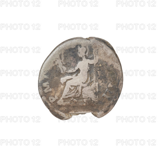 Denarius, Hadrian (76–138; Roman emperor 117–138). Obverse: Bust of Hadrian with laurel wreath facing right; rim inscription: SARTRAIANHADRIANVSAVG. Reverse: Roma seated left on a chair, wearing a long robe and helmet, holding a figure of Victoria in her outstretched right hand and a vertical spear in her left hand, with a shield behind her; rim inscription: PM. Minted circa 119–122, Rome, Roman Empire (27 BC–476). Coin; weight 2.40 g.