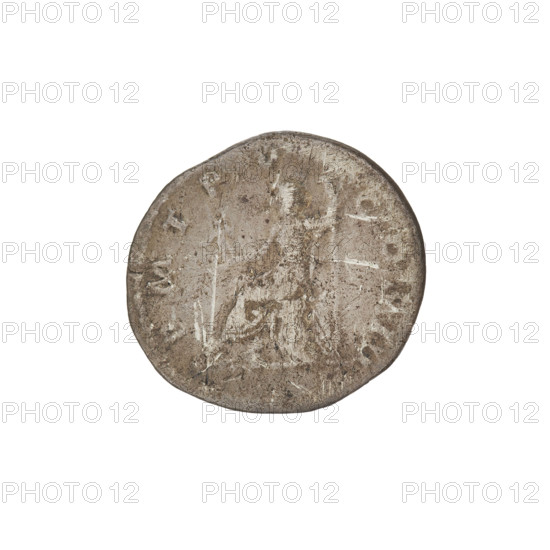 Denarius, Hadrian (76–138; Roman emperor 117–138). Obverse: Bust of Hadrian with laurel wreath facing right; rim inscription: IMPCAESARTRAIAN. Reverse: Roma seated left on a chair, wearing a long robe and helmet, holding a figure of Victoria in her outstretched right hand, a vertical spear in her left hand, a shield behind her; rim inscription: PM TR P COS III. Date: 119–122. Place: Rome, Roman Empire (27 BC–476). Medium: coin. Weight: 2.95 g.