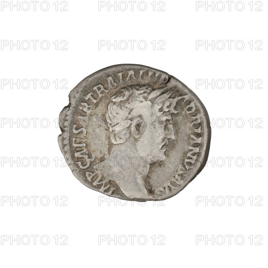 Denarius, Hadrian (76–138; Roman emperor 117–138). Obverse: Bust of Hadrian with laurel wreath facing right; rim inscription IMPCAESARTRAIANHADRIANVSAVG. Reverse: Roma standing left, wearing a short tunic and helmet, holding a figure of Victoria in her outstretched right hand and a spear placed vertically in her left; rim inscription PM TR P COS III. Date: 119–122. Rome, Roman Empire (27 BC–476). Coin; weight 3.05 g.