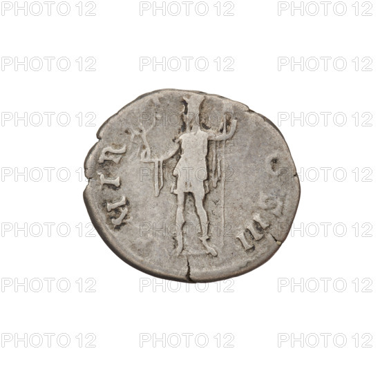 Denarius of Hadrian (76–138; Roman emperor 117–138). Obverse: Bust of Hadrian with laurel wreath facing right; rim inscription 'IMP CAESAR TRAIAN HADRIANUS AVG.' Reverse: Roma standing left, wearing a short tunic and helmet, holding a figure of Victoria in her outstretched right hand and a vertically held spear in her left; rim inscription 'PM TR P COS III.' Date: 119–122. Rome, Roman Empire (27 BC–476). Coin; weight 3.05 g.