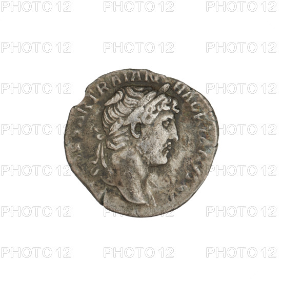 Denarius, Hadrian (76–138; Roman emperor 117–138). Obverse: Bust of Hadrian with laurel wreath facing right; rim inscription AESARTRAIANHADRI. Reverse: Roma standing left, wearing a short tunic and helmet, holding a figure of Victoria in her outstretched right hand and a vertically placed spear in her left; rim inscription PM TR P COS III. 119–122 CE. Rome, Roman Empire (27 BCE–476 CE). Coin; weight 2.80 g.