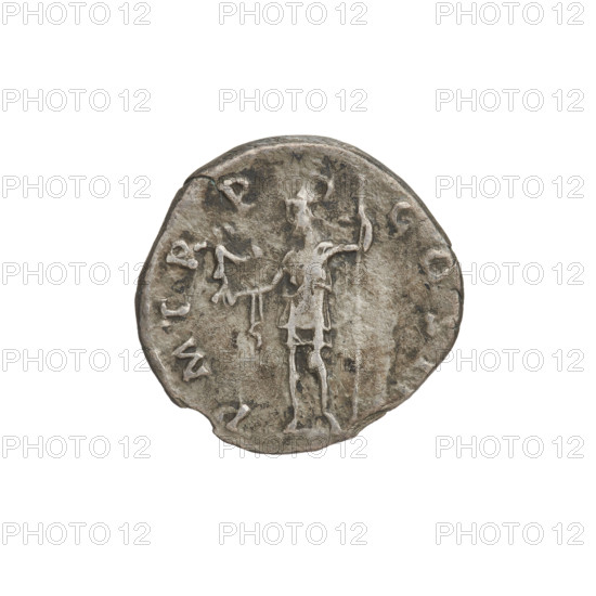 Denarius, Hadrian (76–138; Roman emperor 117–138). Obverse: Bust of Hadrian with laurel wreath facing right; rim inscription: AESARTRAIANHADRI. Reverse: Roma standing left, wearing a short tunic and helmet, holding a figure of Victoria in her outstretched right hand and a spear placed vertically in her left; rim inscription: PM TR P COS III. 119–122. Rome, Roman Empire (27 BC–476). Coin; weight 2.80 g.