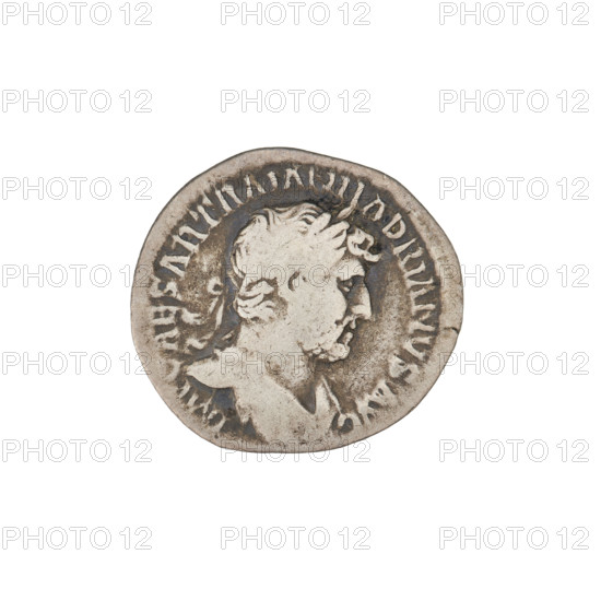 denarius, Hadrian (76–138; Roman emperor 117–138); Obv.: Bust of Hadrian with laurel wreath facing right; rim inscription: IMPCAESARTRAIANHADRIANVSAVG. Rev.: Minerva standing right, wearing a long robe and helmet, holding a spear pointing down in her right outstretched hand and a shield in her left; rim inscription: PM TR P COS III. 119–122; Rome, Roman Empire (27 BC–476); coin; weight 2.74 g.