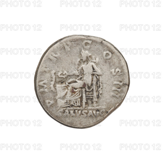 Denarius, Hadrian (76–138; Roman emperor 117–138). Obverse: Bust of Hadrian with laurel wreath facing right; rim inscription IMPCAESARTRAIANHADRIANVSAVG. Reverse: Salus seated left, wearing a long robe; in her outstretched right hand she holds a patera consecrating offerings on the lit altar in front of her, a snake entwined around the altar, her left hand rests on the back of a chair; rim inscription PM TR P COS III; field inscription SALVSAVG. Date: 119–122. Rome, Roman Empire. Coin; weight 3.15 g.