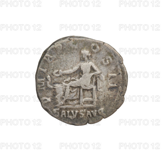 Denarius, Hadrian (76–138; Roman emperor 117–138). Obverse: Bust of Hadrian with laurel wreath facing right; rim inscription IMP CAESAR TRAIAN HADRIANVS AVG. Reverse: Salus seated left, wearing a long robe; in her outstretched right hand she holds a patera, consecrating offerings on the lit altar before her, a snake entwined around the altar, her left hand rests on the back of a chair; rim inscription PM TR P COS III; episode inscription SALVS AVG. Date: 119–122. Rome, Roman Empire (27 BC–476). Coin; weight 2.78 g.