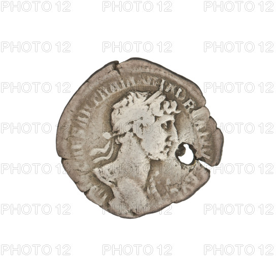 Denarius, Hadrian (76–138; Roman emperor 117–138). Obverse: Bust of Hadrian with laurel wreath facing right; rim inscription: IMPCAESARTRAIANHADRIANVSAVG. Reverse: Salus seated left, wearing a long robe; in her outstretched right hand she holds a patera consecrating gifts on the lit altar in front of her, a snake entwined around the altar, her left hand rests on the back of a chair; rim inscription: PM TR P COS III; field inscription: SALVSAVG. Coin pierced through in a circle for suspension. Date: 119–122. Rome, Roman Empire (27 BC–476). Medium: silver coin (denarius). Weight: 2.90 g.
