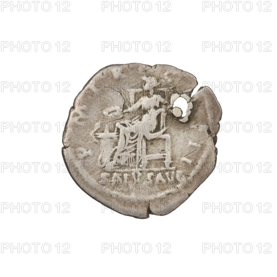 Denarius of Hadrian (76–138; Roman emperor 117–138). Obverse: Bust of Hadrian with laurel wreath facing right; rim inscription IMPCAESARTRAIANHADRIANVSAVG. Reverse: Salus seated left, wearing a long robe; in her outstretched right hand she holds a patera consecrating gifts on the lit altar in front of her, a snake entwined around the altar, her left hand rests on the back of a chair; rim inscription PM TR P COS III; field inscription SALVSAVG. Coin pierced through near the rim for suspension. Date: 119–122. Place: Rome, Roman Empire. Medium: coin. Weight: 2.90 g.