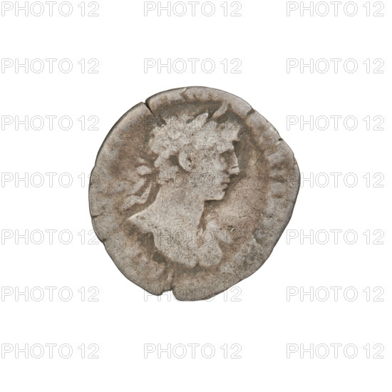 Denarius, Hadrian (76–138; Roman emperor 117–138). Obverse: Bust of Hadrian with laurel wreath facing right; rim inscription illegible. Reverse: Salus seated left, wearing a long robe; in her outstretched right hand she holds a patera consecrating gifts on the lit altar in front of her, a snake entwined around the altar, her left hand rests on the back of a chair; rim inscription very poorly legible. Date circa 119–122, Rome, Roman Empire (27 BC–476). Coin; weight 2.10 g.
