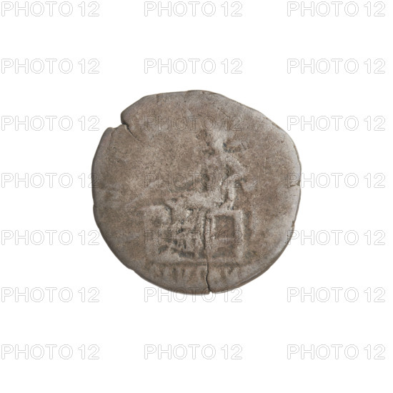 Denarius, Hadrian (76–138; Roman emperor 117–138). Obverse: Bust of Hadrian with laurel wreath facing right; rim inscription illegible. Reverse: Salus seated left, wearing a long robe; in her outstretched right hand she holds a patera consecrating gifts on a lit altar before her, a snake entwined around the altar, her left hand rests on the back of a chair; rim inscription very poorly legible. Legend/marking: ALVSAV. Date: 119–122. Rome, Roman Empire (27 BC–476). Coin; weight 2.10 g.