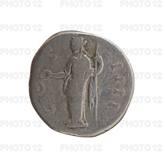 Denarius, Antoninus Pius (86–161; Roman emperor 138–161), issuer: Antoninus Pius; subject: personifications, Concordia; iconography: scepters, paterae. Obverse: Head of Antoninus Pius in a laurel wreath facing right, inscription ANTONIN - AVG PIVS PP all around. Reverse: Concordia standing left, holding a patera in her outstretched right hand and a long scepter in her left, inscription C O - S - IIII all around. Date: 145–161. Culture: Roman Empire (27 BC–476). Place: Rome. Object type: coin (denarius). Measurements: diameter 17.5–18.5 mm, weight 2.60 g, axis 180 degrees.