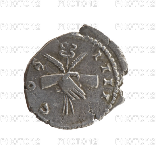 Denarius of Antoninus Pius (86–161; Roman Emperor 138–161), c. 145–161. Obverse: Head of Antoninus Pius in a laurel wreath facing right, legend ANTONINVS • AVG • PIVS • PP. Reverse: Two hands clasped together holding a winged caduceus and ears of corn, legend COS • IIII. Iconography: caducei; ears of corn; hands joined. Roman Empire, Rome. Coin; diameter 16.0–18.5 mm; weight 2.90 g; axis 195°.