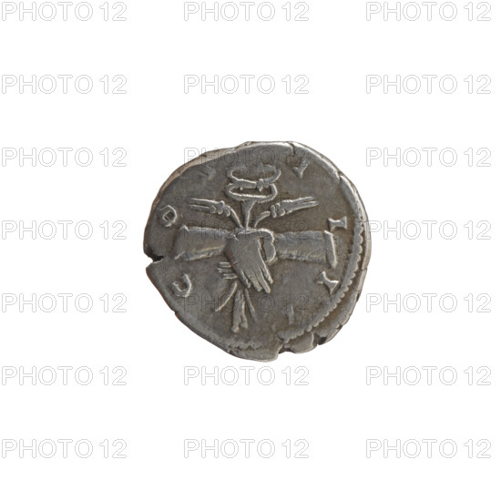 Denarius of Antoninus Pius (86–161; Roman emperor 138–161), c. 145–161. Obverse: Head of Antoninus Pius in a laurel wreath facing right, legend 'ANTONINVS - AVG PIVS PP'. Reverse: Two hands clasped together holding a winged caduceus and ears of corn, legend 'C - OS - I - I - II' around; iconography: caduceus, ears of corn; hands joined on a caduceus and ears of corn, right hand. Roman Empire (27 BC–476), Rome. Coin; diameter 16.5–18.0 mm, weight 3.05 g, axis 0°.